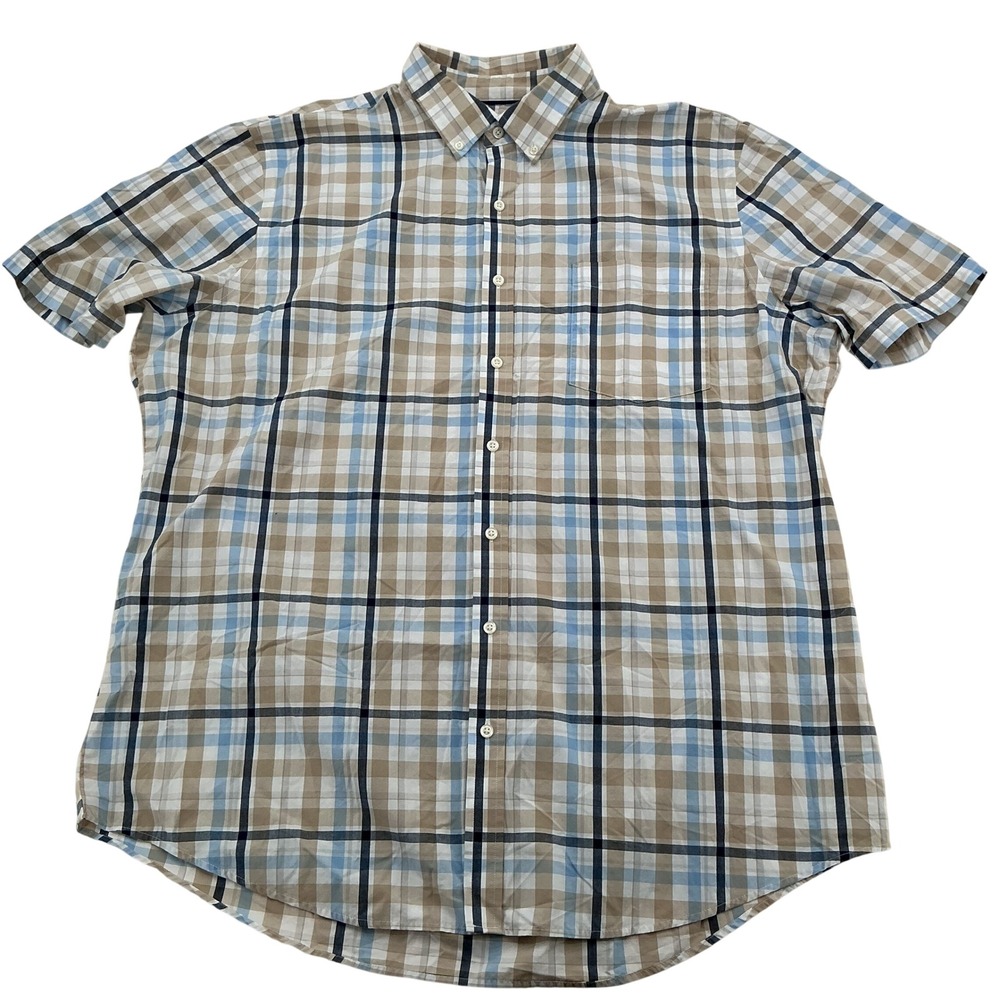 Croft & Barrow Shirt Mens XXL Tall Tan Blue Plaid Easy Care Short Sleeve Casual